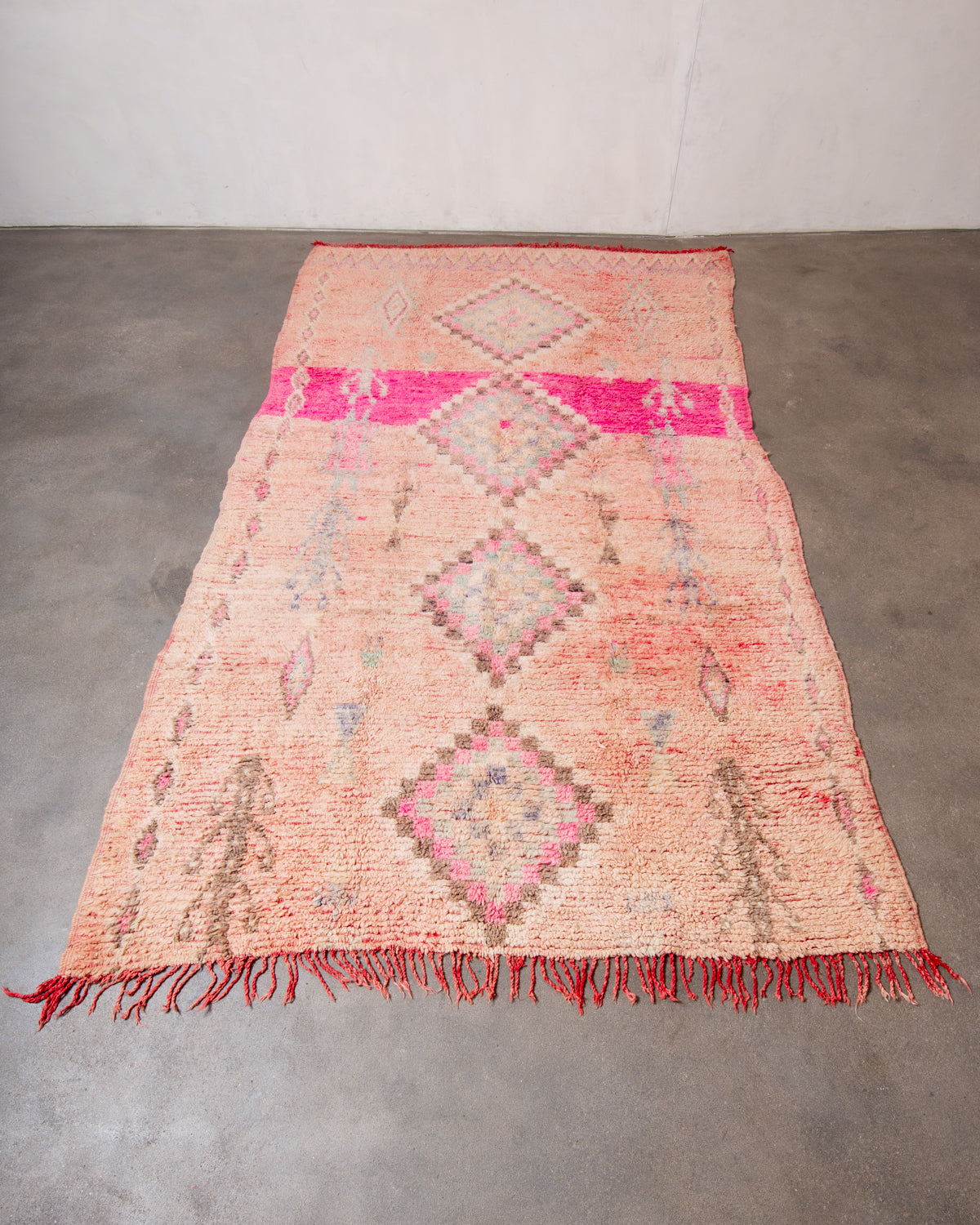 Modern, designer, handcrafted Berber rug from Morocco. Vintage carpet with beautiful colours and patterns and fluffy texture.
